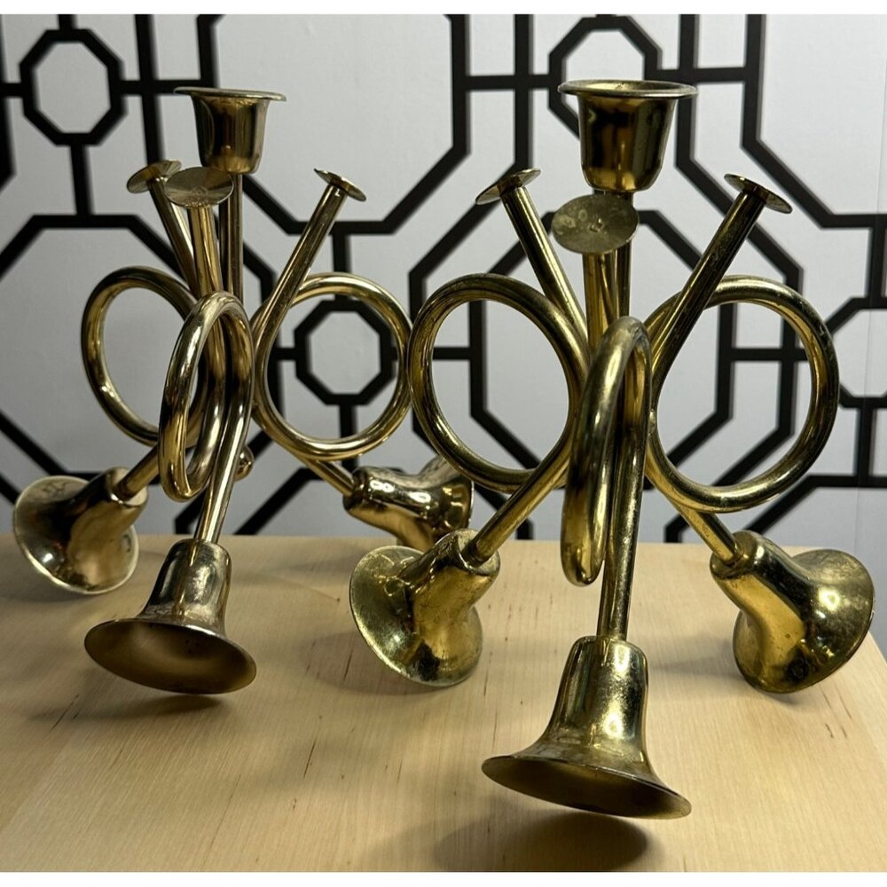VTG Brass Triple French Horn Candle Holders Pair 7.5"x6" Holiday Christmas Decor